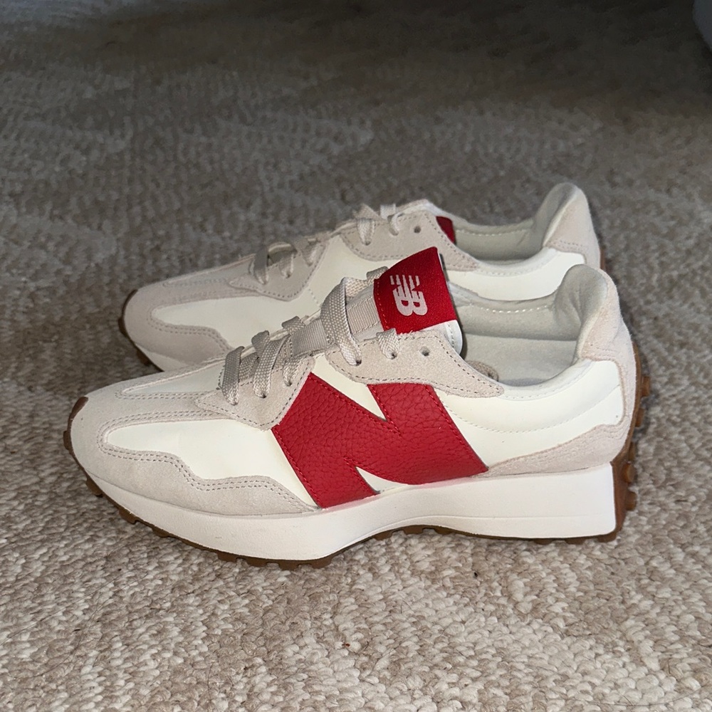 New Balance Cream and Red Athletic Shoes